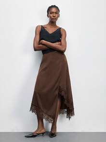 Maija 女士优雅简约纯色撞色蕾丝不对称下摆半身裙，夏季 - 棕色 - 查看 4