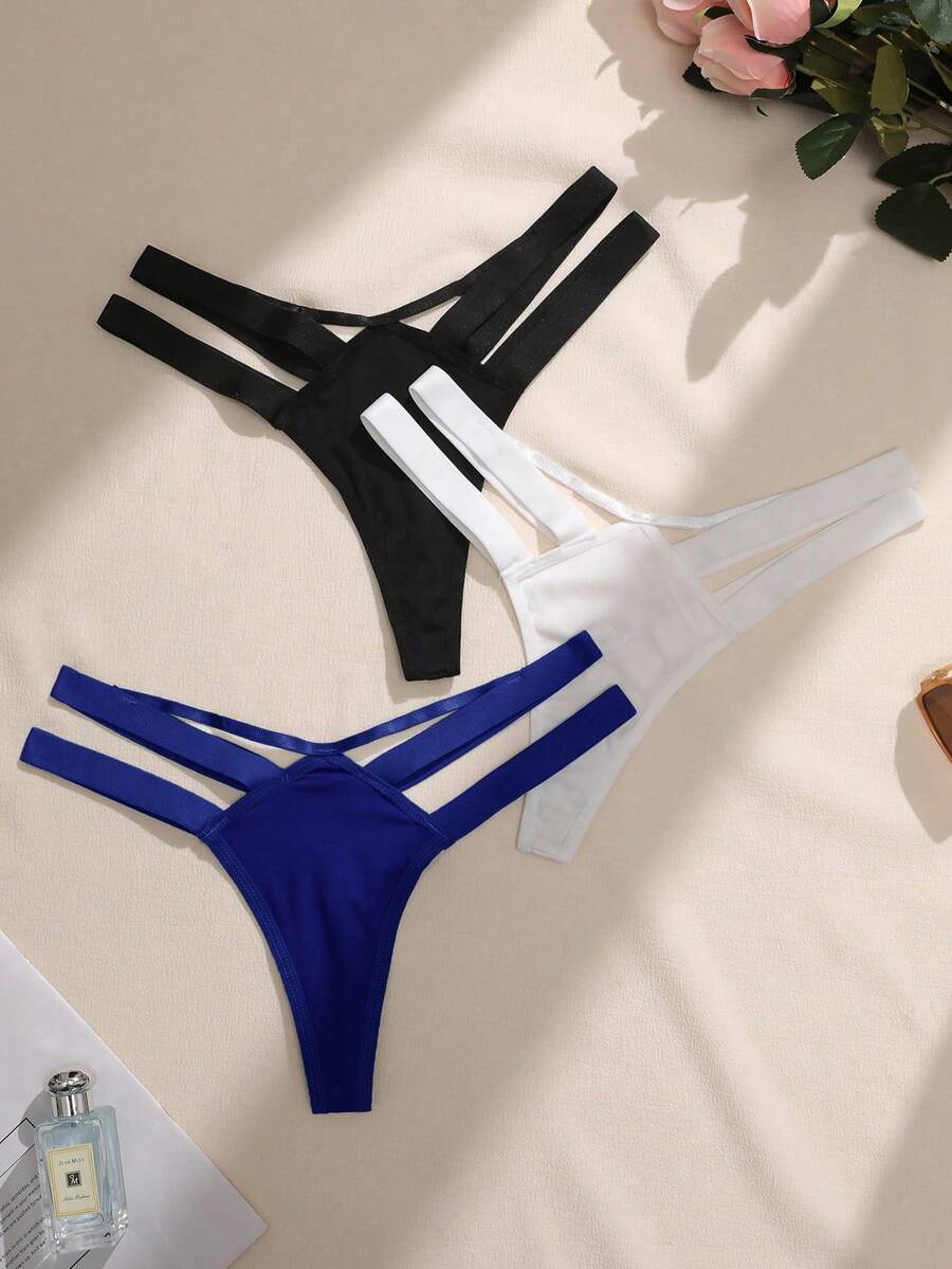 3件組女款純色鏤空細肩帶性感丁字褲 - 彩色 - 查看 1