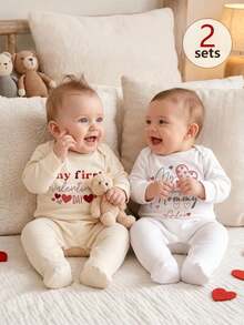 2pcs/Set "Love Mommy" Print Long Sleeve Newborn Baby Footie Rompers, Soft & Comfortable Fabric, Cute & Lively Look, Embracing Feeling Like Mom - Multicolor - View 6