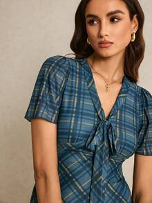 Poéselle Summer Casual Plaid Tie Collar Cinched Waist Dress Blue Midi Dress Womens Plaid Dress Plaid Dress Women Tie Front Dress French Style Dress - Gray Blue - View 9