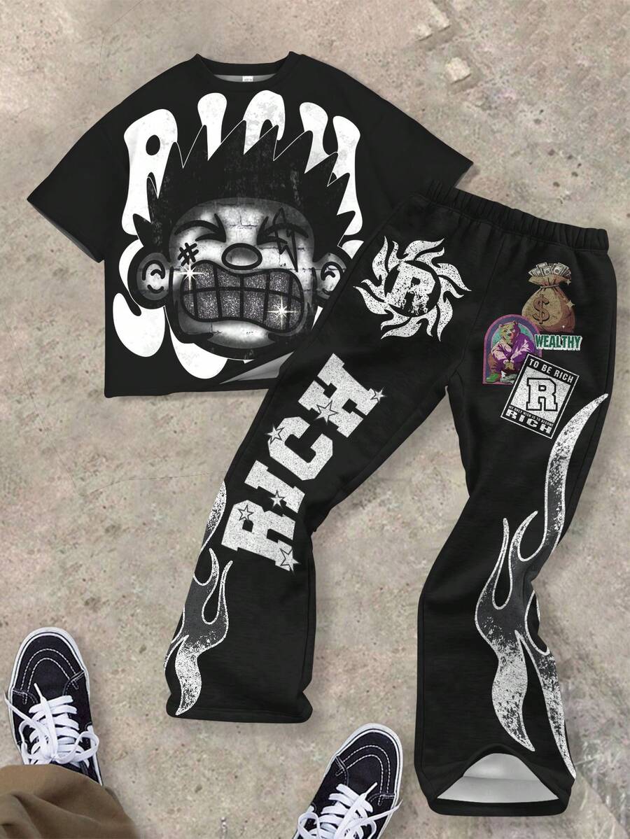 Tween Boy Summer Casual Cartoon Print T-Shirt And Pants Set - Multicolor - View 1