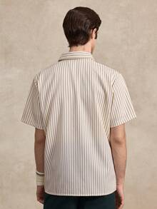 Courvante Men's Striped Short Sleeve Single-Breasted Casual Pocket Cream Button Up Bowling Work Shirt Pinstripe, Woven Fabric Collar White, Daily Commute - White - View 2
