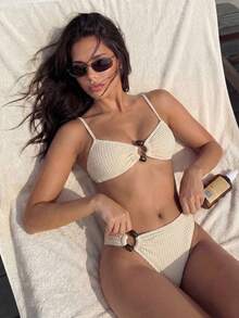 Swim Vcay Women's Bikini Set,Textured Fabric,Apricot Color,Strapless Removable Strap,Metal S-Shaped Decor,Elegant Swimwear,White,Summer,Casual,Vacation,Holiday - Apricot - View 4