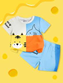 SHEIN Playful Pals Bộ áo thun cổ tròn và quần short in hình động vật hoạt hình dễ thương cho bé trai, phối màu tương phản, thích hợp cho mùa hè. - Nhiều màu - Xem 7