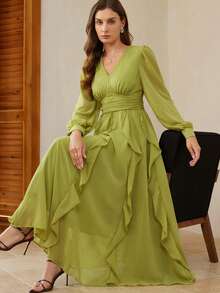 BELROSIE Women's Autumn Elegant Olive Green Chiffon V-Neck Ruched Maxi Dress, Dining Boho Multi-Layer Ruffle Trim Long Sleeve Cinched Waist Solid Dress - Mint Green - View 1