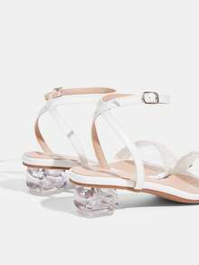 CUCCOO TILAWA Stylish And Transparent Special-Shaped Thick-Heeled Women's Rhinestone Decorative Naked Sandals, Square-Headed Glossy High-Heeled Sandals, Comfortable Heel-Shaped Banquet Daily Women's Sandals Summer Shoes Summer Shoes - White - View 4