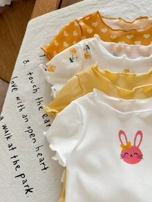 SHEIN LMoss Kids 4件套新生女宝宝夏季可爱针织卡通兔子和碎花连体衣套装 - 彩色 - 查看 6