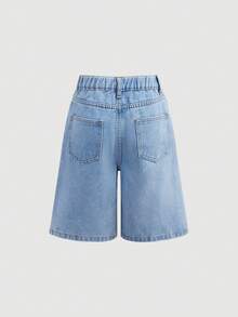 Girlism Quần short denim màu xanh dương dáng rộng, họa tiết trái tim và ngôi sao dành cho bé gái. - Rửa nhẹ - Xem 5