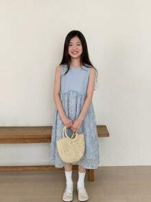 DAZY 女童圆领无袖连衣裙，少女秋季服装，适合女孩的太阳裙 - 藍色 - 查看 5