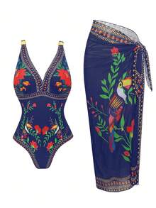 Swim Oasis 大码女士印花连体泳衣两件套，含配套印花半裙，高端泳装套装，适合夏季海滩度假 - 彩色 - 查看 4