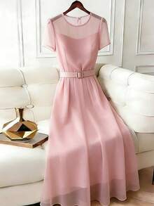 Franclia 女士优雅连衣裙、浪漫约会连衣裙、圆领连衣裙、长款连衣裙、薄纱连衣裙、粉色连衣裙、夏季连衣裙、夏季套装 - 淺粉色 - 查看 2