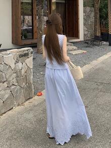 DAZY 女士圆领蕾丝拼接开衫上衣和长裙两件套度假休闲夏季套装 - 藍色 - 查看 6