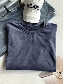 Comfortcana Plus Size Short Sleeve Cotton T-Shirt, Washed Snowflake Design, Spring - Navy Blue - View 5