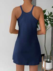 SHEIN EZwear 女士极简纯色无袖连衣裙配打底裤，日常穿着，大码，防走光 - 藏蓝色 - 查看 2