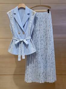 Xyvia Conjunto de traje elegante y sofisticado para mujer con blazer ajustado con encaje en contraste y falda plisada - Azul - Ver 3