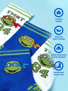 TEENAGE MUTANT NINJA TURTLES | SHEIN 2 Pairs Cotton Soft & Breathable Moisture-Wicking Kids Stripes Mid-Calf Socks Blue&White Cute Cartoon Boys Preppy Style Crew Socks Reinforced Toe & Heel For Durability All Seasons All-Match School & Outdoor Summer Winter - Multicolor - View 3
