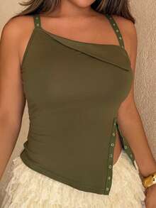 女式夏季金属孔眼不对称下摆修身吊带背心 - 軍綠色 - 查看 6