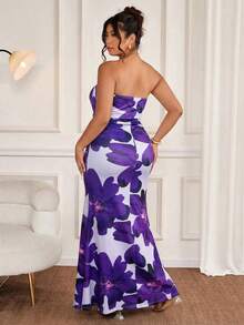 Cravure 大码女式印花优雅束腰无肩带连衣裙 - 紫色 - 查看 2