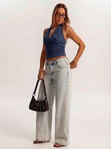 SHEIN BAE Camiseta de punto holgada con cuello halter de malla marrón minimalista, adecuada para uso casual, ir al trabajo, citas, salir con amigos, vacaciones en Italia y diversas ocasiones en primavera y verano - Azul Marino - Ver 5