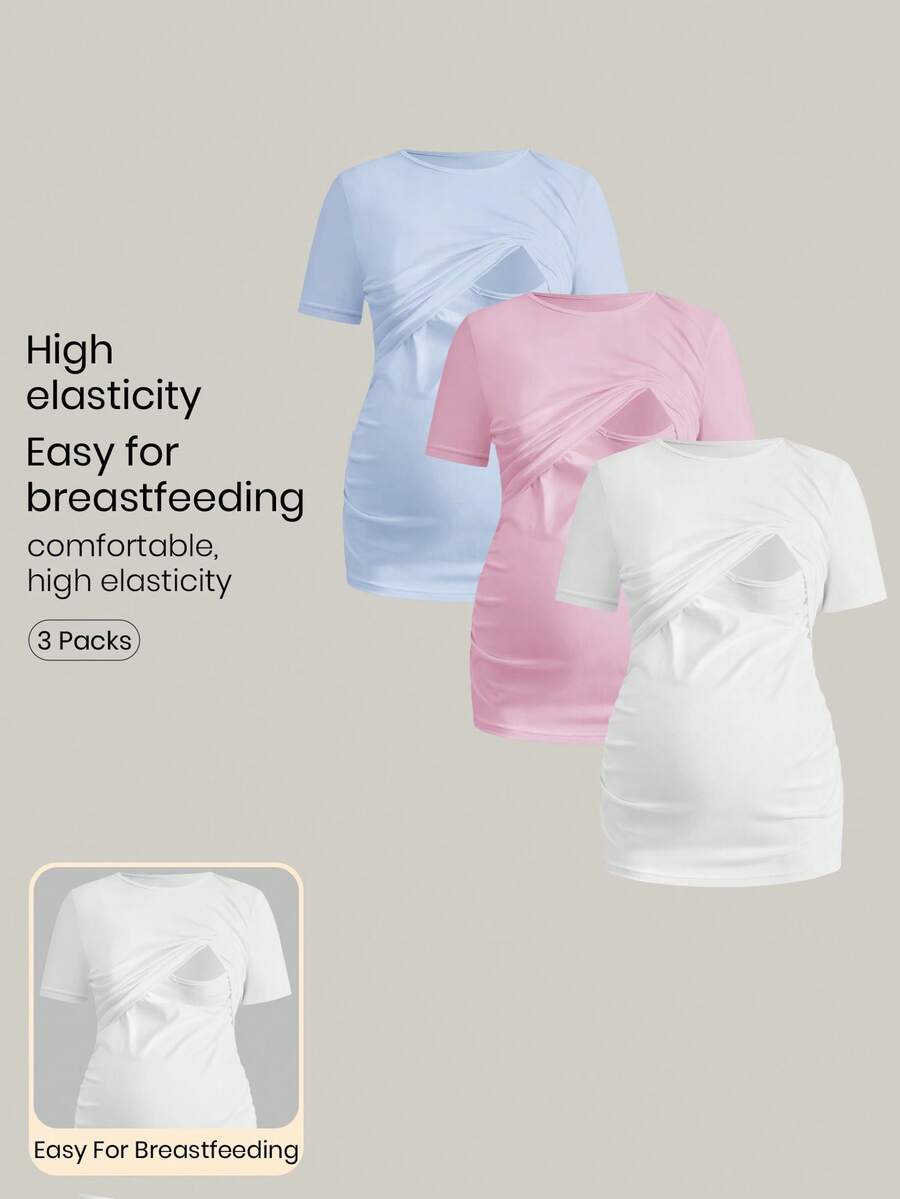 Modmama 3pcs/Set Pregnant Women Solid Color Ruched Nursing Function Casual Daily Short Sleeve Tops - Baby Blue - View 1
