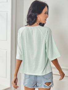 SHEIN Raffinéa Raglan Sleeve Striped Print Tee Graphic Tees Women Tops - Green - View 2
