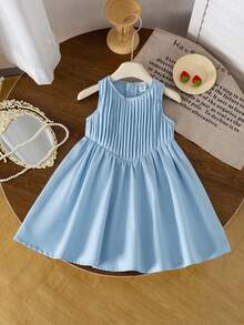 SHEIN Elladie kids 女童休闲时尚百搭无袖褶皱连衣裙 - 藍色 - 查看 5