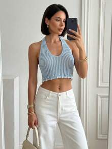 Firerie Áo hai dây dệt kim khoét lỗ đính ngọc trai và tua rua dành cho nữ, thích hợp cho mùa xuân/hè. - Màu xanh lam - Xem 5