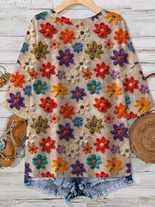 EMERY ROSE Oil Painting Floral Print Casual Minimalist Plus Size T-Shirt, Suitable For Summer - Multicolor - View 2