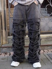 LEOGASHI LEOGASHI 男士休闲做旧毛边深灰色牛仔裤 - 黑色 - 查看 4