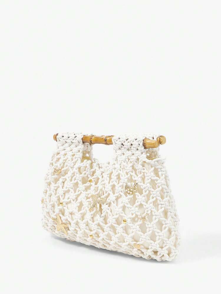 SHEIN Maija Damen Modische elegante einfache Cut Out handgefertigte gehäkelte goldene Ozean-Elemente dekorative Holztasche, für Sommerurlaub Strandurlaub Strandparty