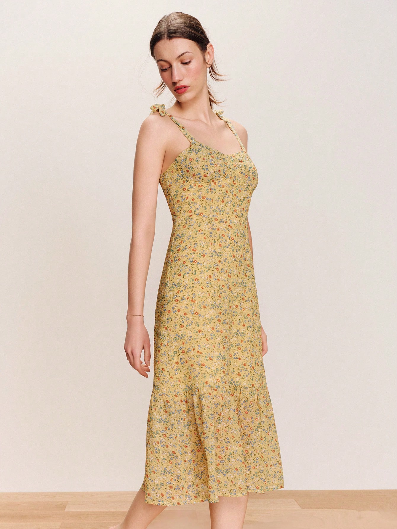 Yellow Sweetheart Neckline Fitted Midi Dress, Cute Back Panel Shirring And Tie Shoulder Straps Yellow Floral Dress Spring Summer Vacation Dress Holiday Dress French Style Parisian Style
