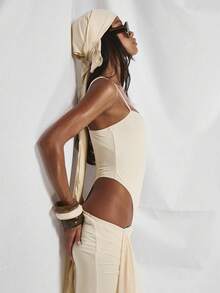 MUSERA Thin Strap Square Neck High Leg Fitted Bodysuit Coord Top Only Cute Holiday Sexy Night Out Vacation Spring Summer Elegant Soleil Drape - Apricot - View 4