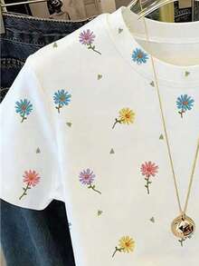 Resyla Plus Size Women Daisy Print Round Neck Short Sleeve Casual Versatile T-Shirt - White - View 3