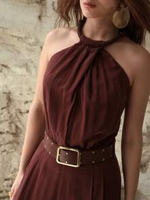 MOTF PREMIUM WOMEN'S HALTER NECK LINEN JUMPSUIT, SPRING/SUMMER - Brown - View 4