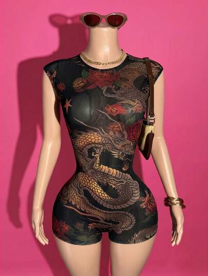 Slaydiva 2025-Summer New Casual Street Music Festival Shopping Sexy Backless Pattern Women's Mesh Skinny Jumpsuit,Street, Party, Travel, Graduation Outfit, Brunch Outfit, Back To School, Sexy, Hot Girl