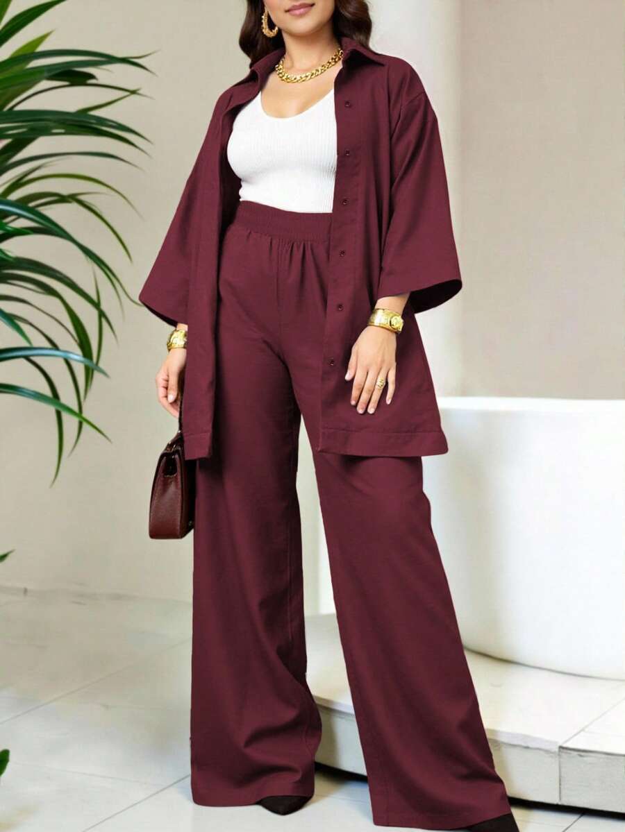 SHEIN Plus Size Women Solid Color Button Front Top And Pants Casual 2 Pieces Set - Burgundy - View 1