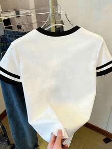 女士及少女时尚复黎埃菲尔铁塔条纹短袖T恤，修身露脐设计，黑白简约百搭T恤，经典巴黎铁塔印花，夏季上衣 - 彩色 - 查看 2