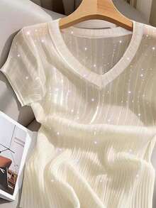 Qadelle Women's Summer Fashion Vacation Sheer Sequin Short Sleeve T-Shirt - Apricot - View 3