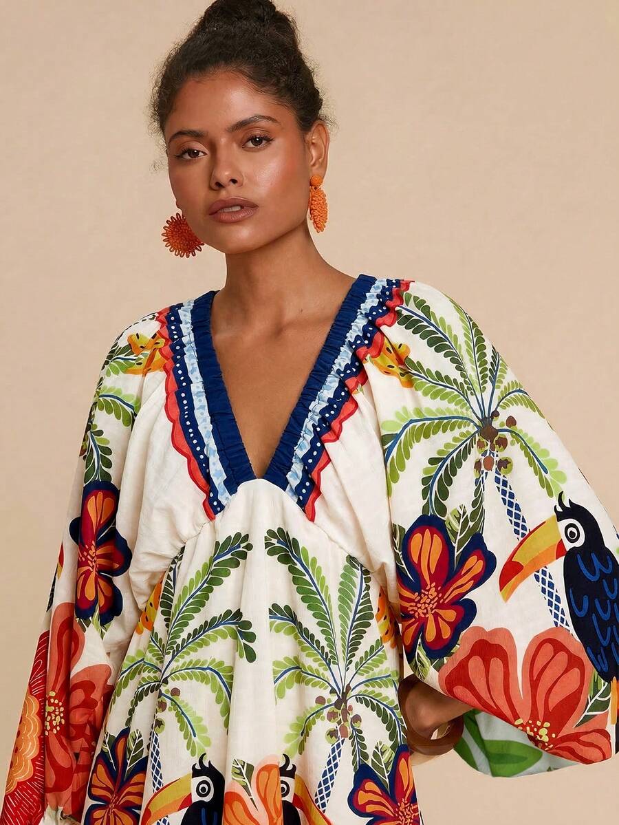 Travachic V-Neck Long Sleeve Printed Mini Dress For Women, Vacation - Multicolor - View 1