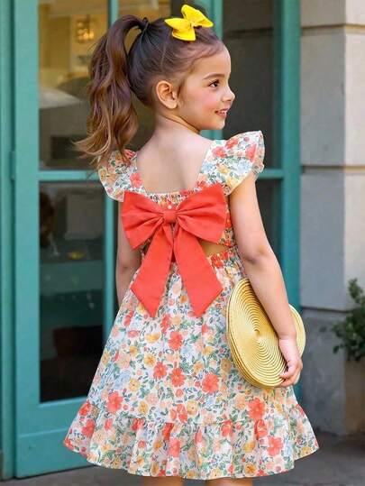 Elladie kids 1pc Young Girl Casual Mid-Length Dress With Cute Bow Design At Back Young Girls Dresses Floral Dress Kids Clothes Back Bow Dress Girls Floral Dress Kids Flower Dress Girl Summer Dresses Vintage Dress For Kids Kids Dresses Ruffle Sleeve Dress Floral Dress For Girls Big Tie Back Dress Girls Summer Dress Girls Dress With Bow Cute Dresses For Girls Dresses With Bows
