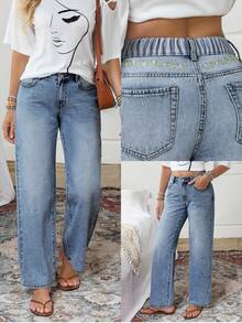 EMERY ROSE Plus Size Women Autumn/Winter Floral Embroidered Washed Slant Pocket Jeans - Blue - View 1