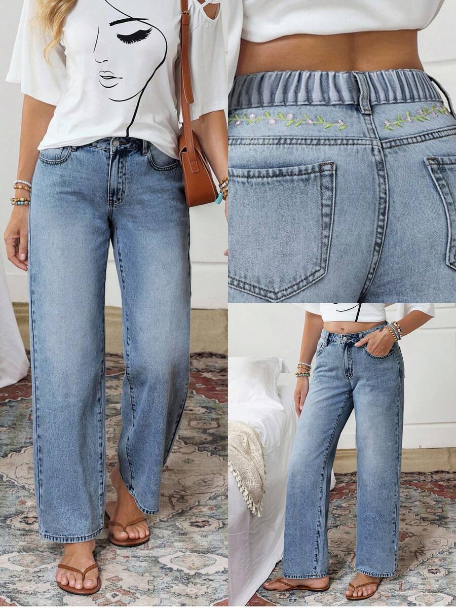 EMERY ROSE Plus Size Women Autumn/Winter Floral Embroidered Washed Slant Pocket Jeans - Blue - View 1