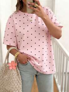 EMERY ROSE Áo thun ngắn tay cổ tròn chấm bi, áo thun nữ cỡ lớn, kiểu dáng mùa hè. - Hồng - Xem 3