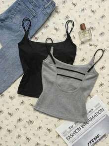 Attitoon 2 chiếc áo hai dây kiểu dáng tối giản, in họa tiết hoa màu đen và xám, thích hợp cho mùa hè. - Nhiều màu - Xem 4