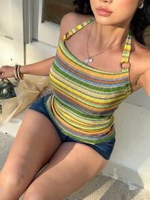 Sunnyshic 优雅简约钩针编织彩色彩虹Y2K大码女式夏季休闲度假吊带衫 - 彩色 - 查看 5