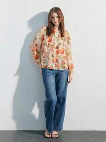 Maija Women's Elegant Floral Print Ruffle Hem Chiffon Blouse,Boho Flowy Cream Flower Shirt For Autumn Holiday,Tea Party Vacation Summer Spring Outfits - Multicolor - View 4