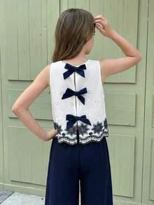 SHEIN Serisse Kids 少女蝴蝶结刺绣露背吊带背心和阔腿裤两件套休闲度假套装，藏蓝色 - 藏蓝色 - 查看 3