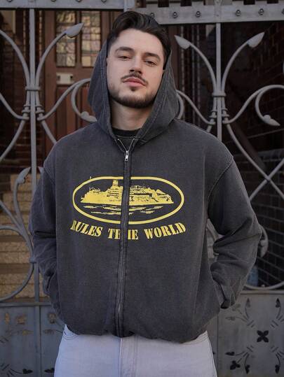 LEOGASHI LEOGASHI 水洗男士秋季落肩拉链复古印花休闲连帽衫，长袖上衣