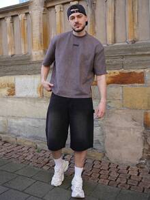 LEOGASHI Quần short denim Bermuda ống rộng thoải mái cho nam, phong cách Emo - màu đen - Xem 7
