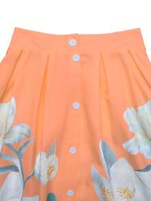 GlowEve 女士优雅印花高腰褶裥喇叭裙，度假风 - 橘色 - 查看 3